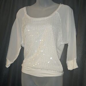 Express White Sequin Front Chiffon Sleeve Top